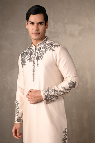 Ivory Chanderi Embroidered Kurta