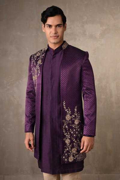 Royal Amethyst Chanderi Silk Open Sherwani Jacket Set