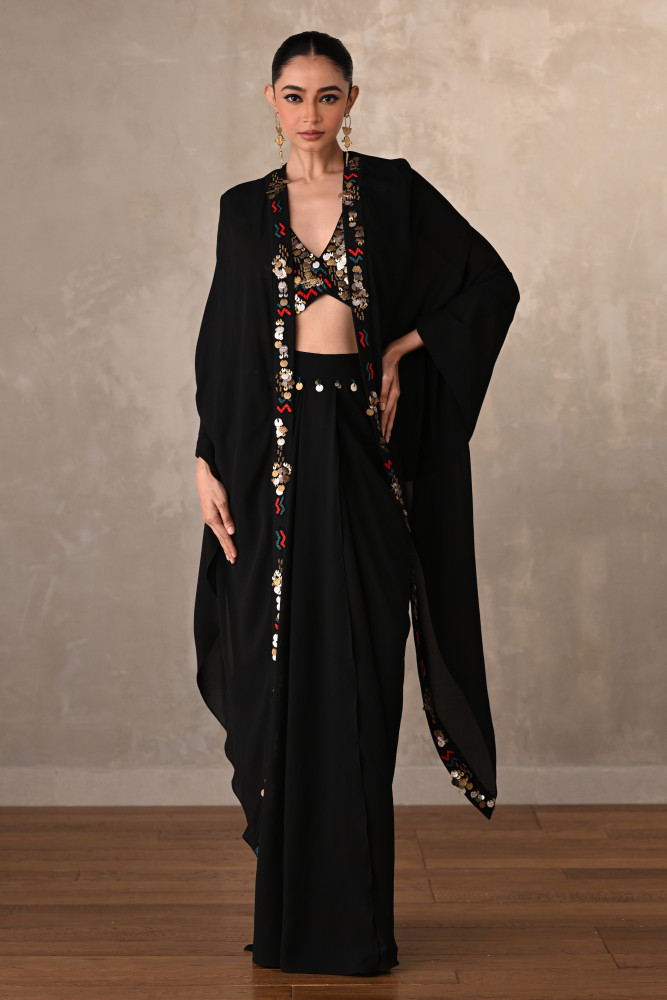 Black Georgette Drape Skirt Set With Embroidered Bralette And Cape