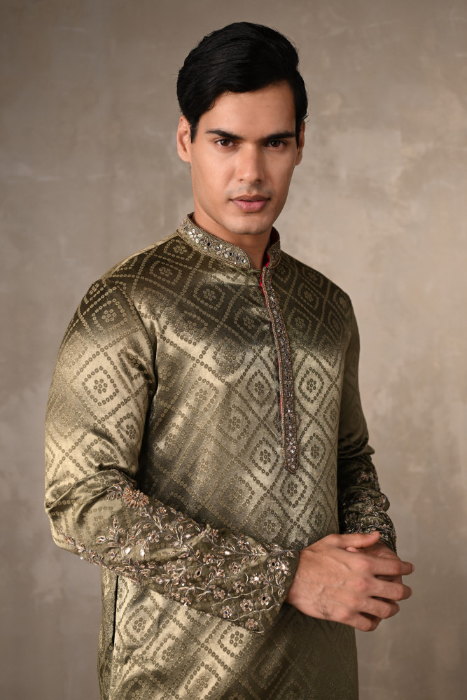 Image of Sea Green Silk Jacquard Kurta
