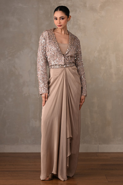 Champagne Mirror Work Cropped Jacket Set