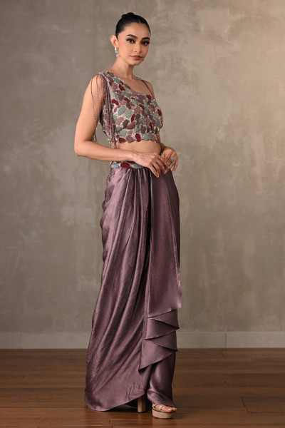 Mauve Embellished Asymmetric Satin Co-Ord Set