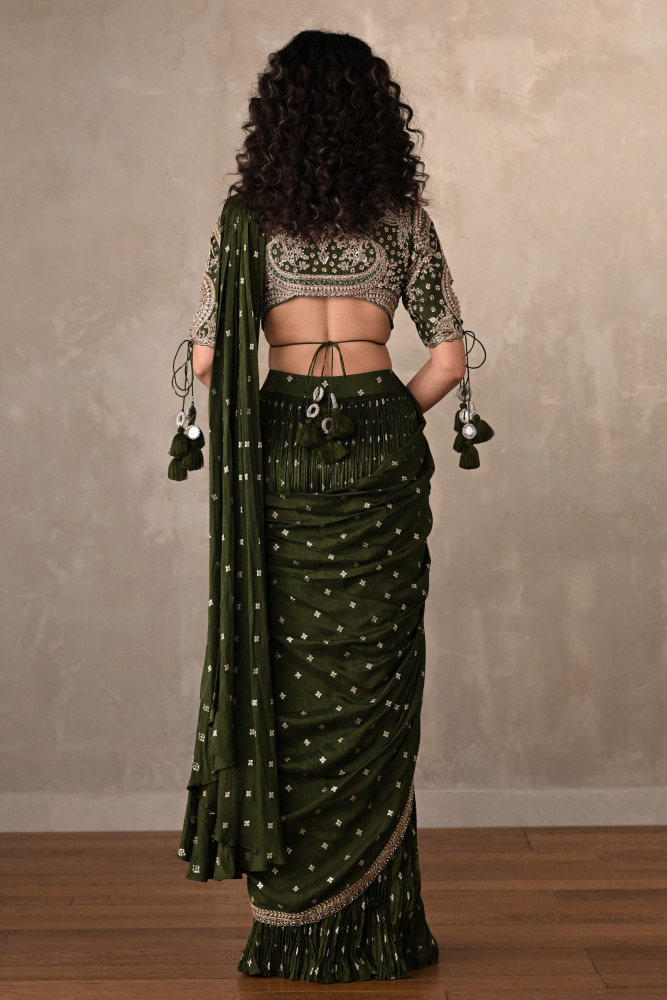 Olive Zari Tassel Drape Saree