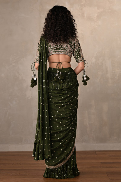 Olive Zari Tassel Drape Saree