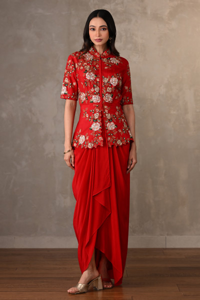 Red Threadwork Peplum Set