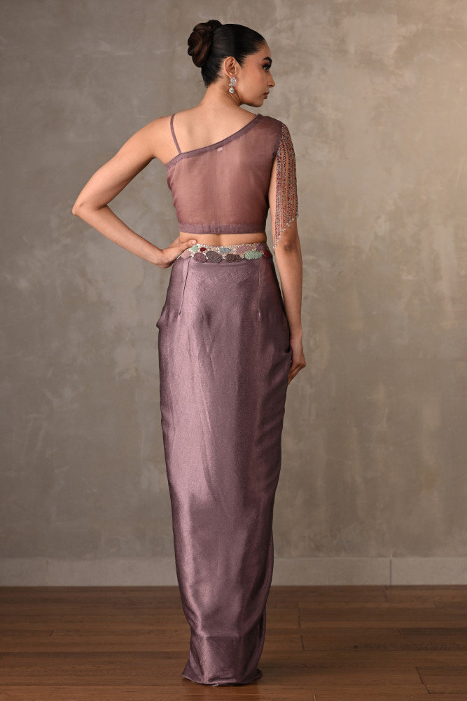 Mauve Embellished Asymmetric Satin Co-Ord Set