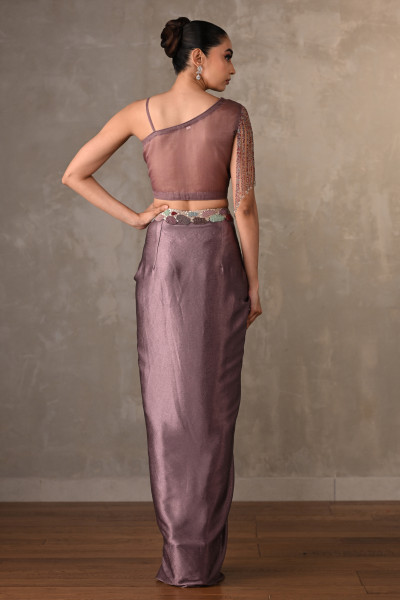 Mauve Embellished Asymmetric Satin Co-Ord Set