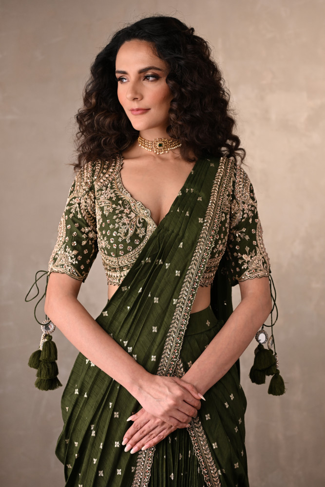 Olive Zari Tassel Drape Saree