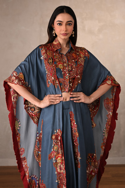 Blue Embroidered Kaftan Shirt & Drape Pant Co-Ord Set