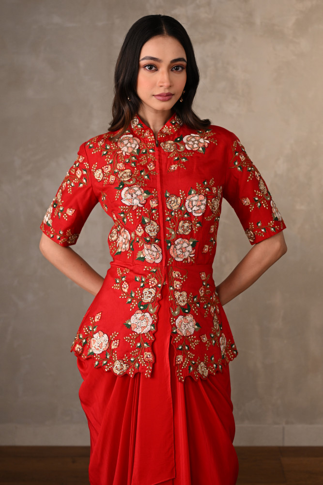 Red Threadwork Peplum Set