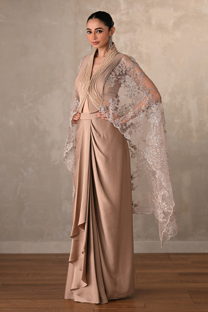 Champagne Satin Draped Skirt with Structured Sheer Cape