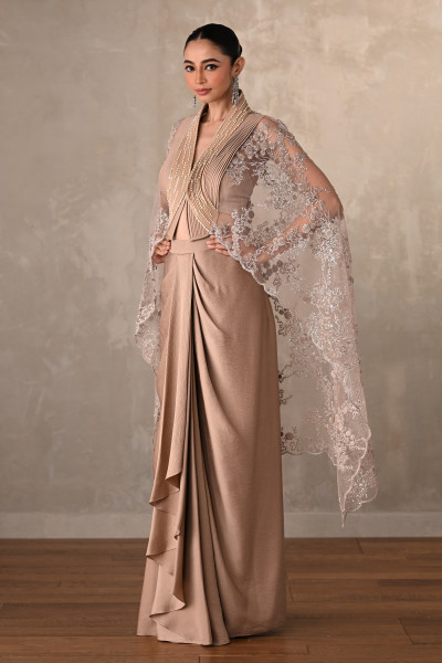Champagne Satin Draped Skirt with Structured Sheer Cape