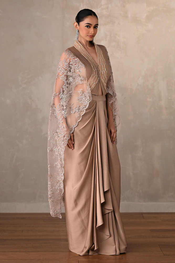 Champagne Satin Draped Skirt with Structured Sheer Cape