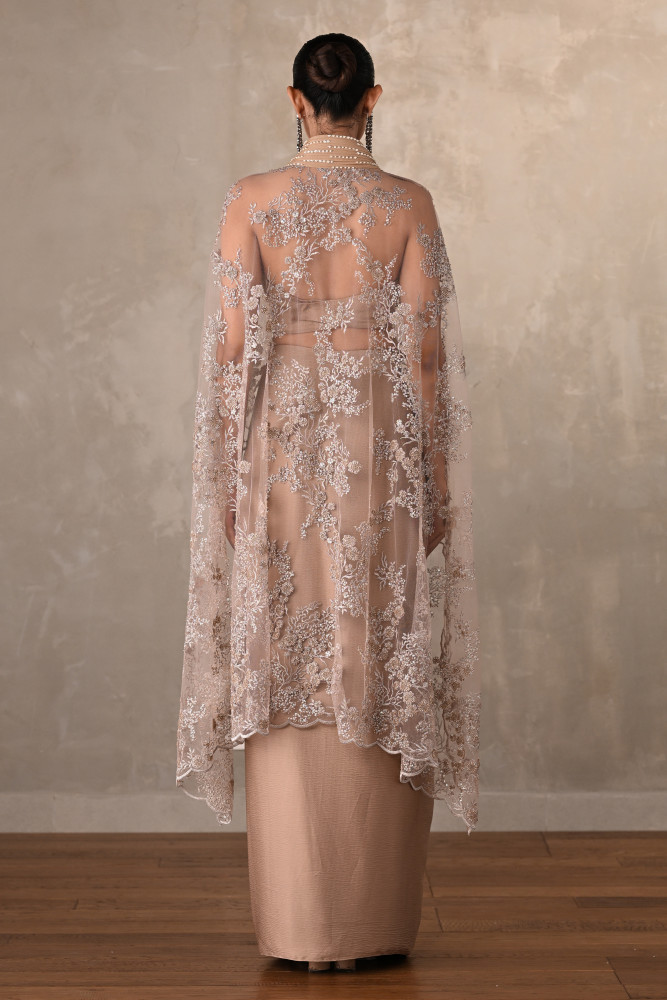 Champagne Satin Draped Skirt with Structured Sheer Cape