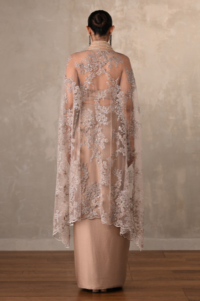 Champagne Satin Draped Skirt with Structured Sheer Cape