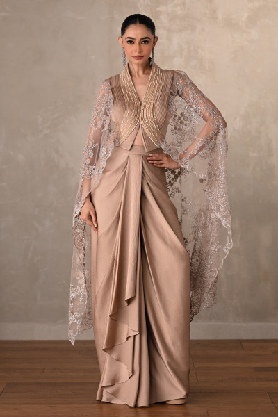 Champagne Satin Draped Skirt with Structured Sheer Cape