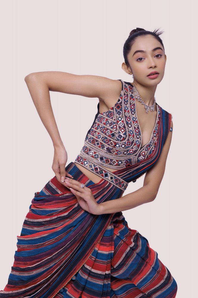 Indigo Printed Georgette Drape