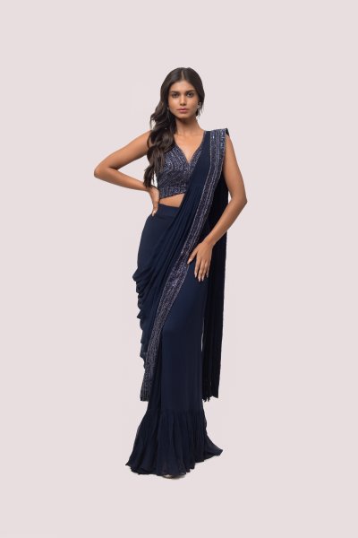 Pre-Draped Frills & Ruffles Sequence Belted Tulle Saree with Pleats