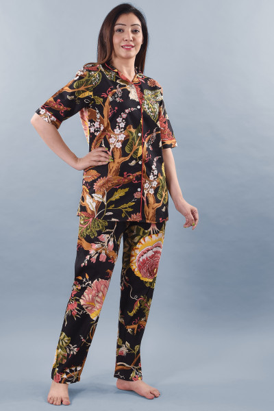 Cotton Floral Printed Collared Shirt & Pyjama Night Suit Set