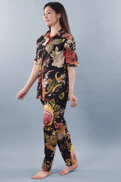 Cotton Floral Printed Collared Shirt & Pyjama Night Suit Set