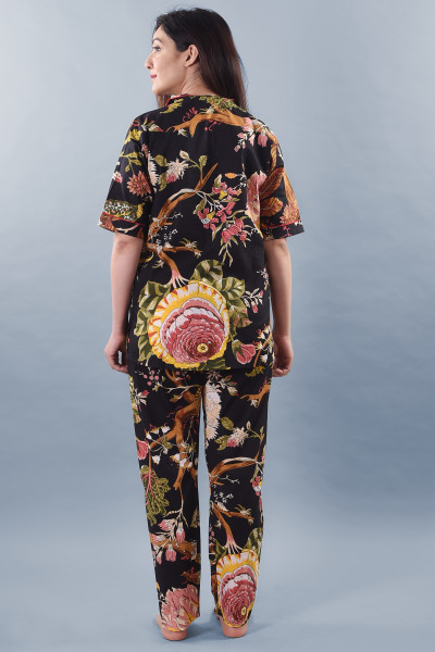 Cotton Floral Printed Collared Shirt & Pyjama Night Suit Set