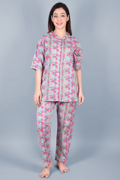 Cotton Floral Printed Collared Shirt & Pyjama Night Suit Set