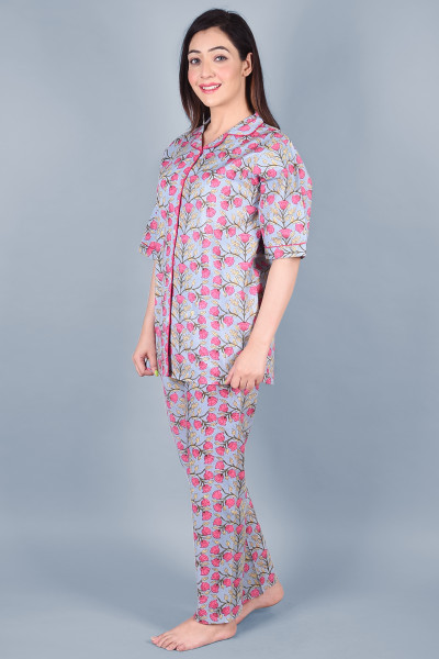 Cotton Floral Printed Collared Shirt & Pyjama Night Suit Set