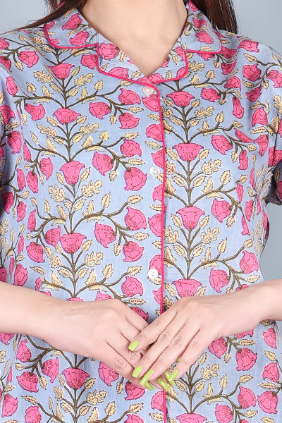 Cotton Floral Printed Collared Shirt & Pyjama Night Suit Set