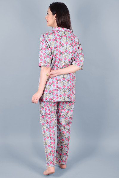 Cotton Floral Printed Collared Shirt & Pyjama Night Suit Set