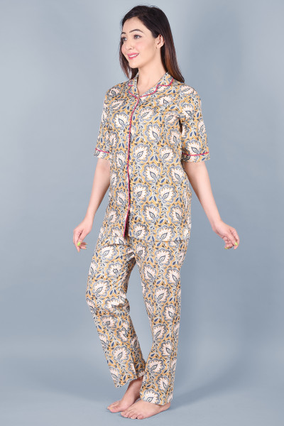 Cotton Floral Printed Collared Shirt & Pyjama Night Suit Set
