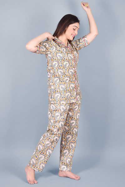 Cotton Floral Printed Collared Shirt & Pyjama Night Suit Set