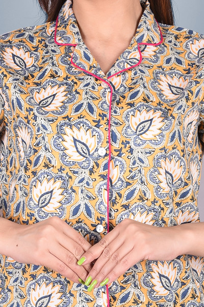 Cotton Floral Printed Collared Shirt & Pyjama Night Suit Set