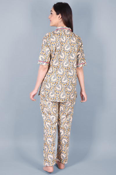 Cotton Floral Printed Collared Shirt & Pyjama Night Suit Set