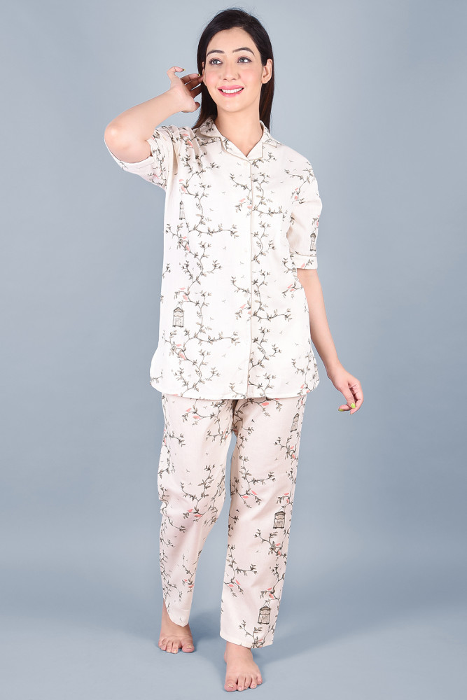 Cotton Floral Printed Collared Shirt &amp; Pyjama Night Suit Set