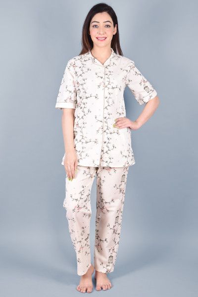 Cotton Floral Printed Collared Shirt & Pyjama Night Suit Set