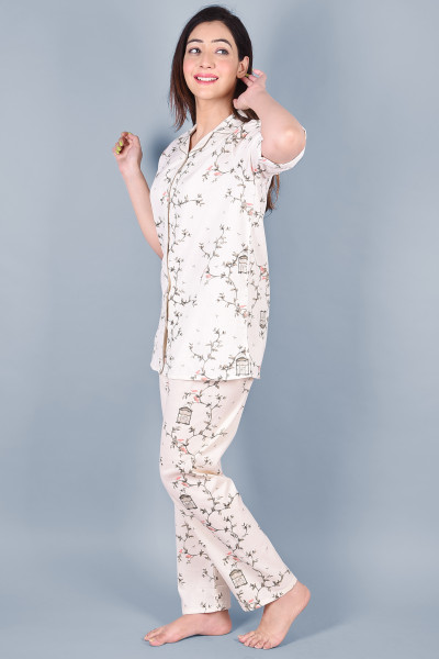 Cotton Floral Printed Collared Shirt & Pyjama Night Suit Set
