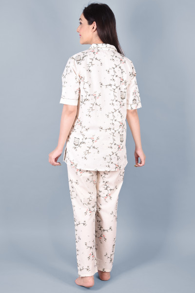 Cotton Floral Printed Collared Shirt & Pyjama Night Suit Set