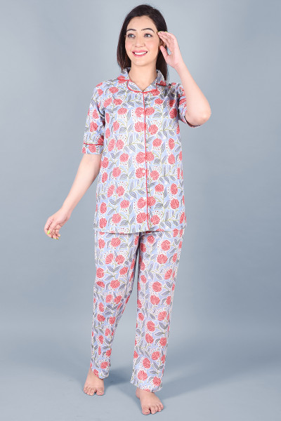 Cotton Floral Printed Collared Shirt & Pyjama Night Suit Set