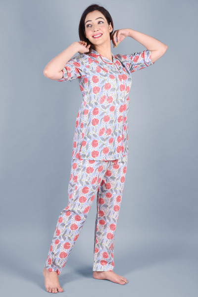 Cotton Floral Printed Collared Shirt & Pyjama Night Suit Set