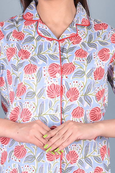 Cotton Floral Printed Collared Shirt & Pyjama Night Suit Set