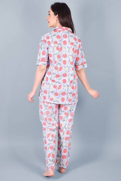 Cotton Floral Printed Collared Shirt & Pyjama Night Suit Set