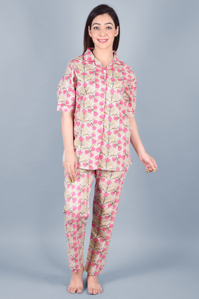 Cotton Floral Printed Collared Shirt & Pyjama Night Suit Set