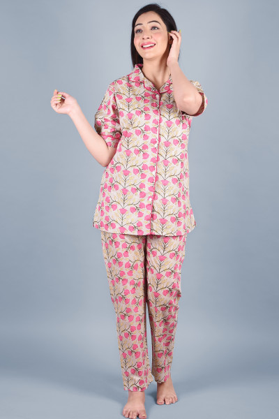Cotton Floral Printed Collared Shirt & Pyjama Night Suit Set