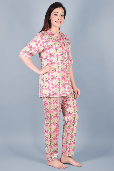 Cotton Floral Printed Collared Shirt & Pyjama Night Suit Set