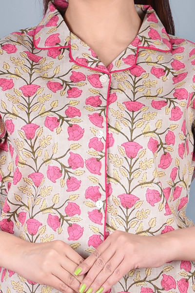 Cotton Floral Printed Collared Shirt & Pyjama Night Suit Set