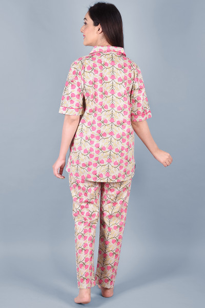 Cotton Floral Printed Collared Shirt & Pyjama Night Suit Set