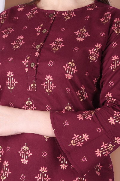 Burgundy Ethnic Printed Cotton Top