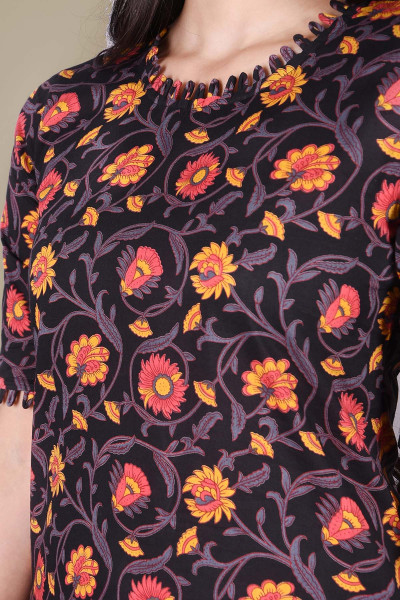 Black Floral Printed Cotton Straight Kurta