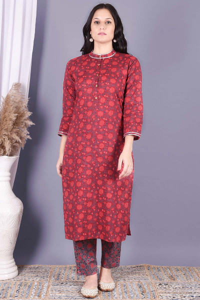 Women Pure Cotton Straight Mandarin Collar Kurta Pant Set