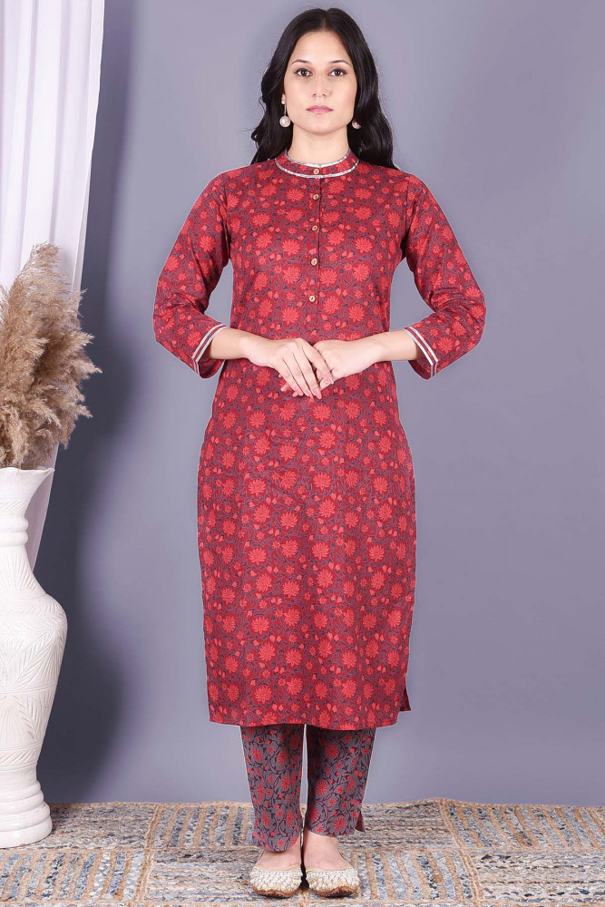 Women Pure Cotton Straight Mandarin Collar Kurta Pant Set